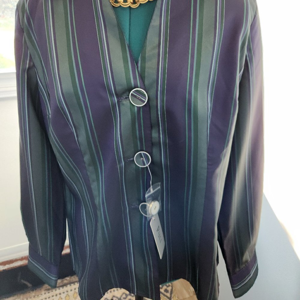 P070. PULI Festive Purple and Green Satin Striped Blouse |12 NWT - Picture 2 of 6